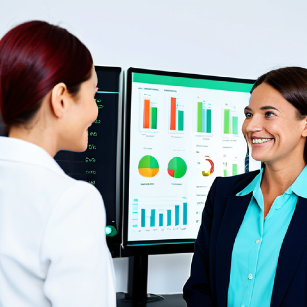 A professional female nutritionist, fully clothed in a modest, smart casual blazer and blouse, stands next to a smiling female client, also fully clothed in appropriate, professional attire. They are in a clean, modern wellness office with a large digital monitor displaying detailed data visualizations of micronutrient intake and body composition graphs. The background is bright and minimalist. Perfect anatomy, correct proportions, well-formed hands, natural pose, professional photography, high resolution, vibrant colors, clear focus, professional dress, appropriate content, safe for work, family-friendly.