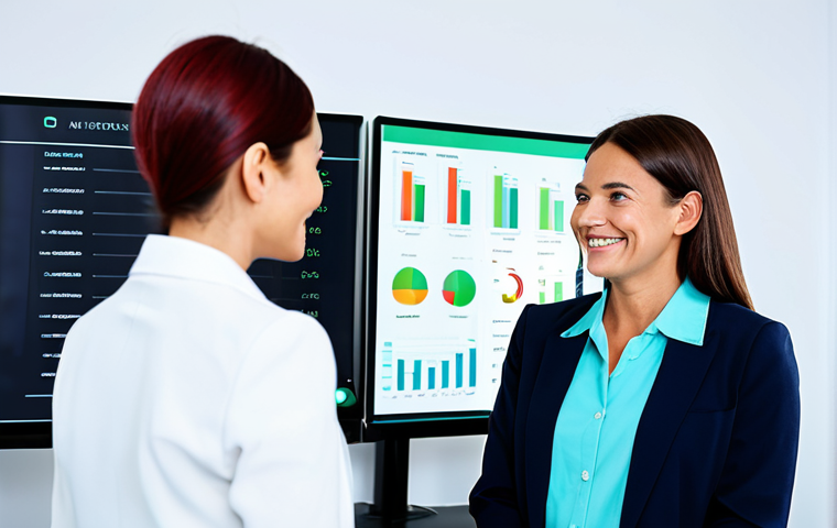 A professional female nutritionist, fully clothed in a modest, smart casual blazer and blouse, stands next to a smiling female client, also fully clothed in appropriate, professional attire. They are in a clean, modern wellness office with a large digital monitor displaying detailed data visualizations of micronutrient intake and body composition graphs. The background is bright and minimalist. Perfect anatomy, correct proportions, well-formed hands, natural pose, professional photography, high resolution, vibrant colors, clear focus, professional dress, appropriate content, safe for work, family-friendly.
