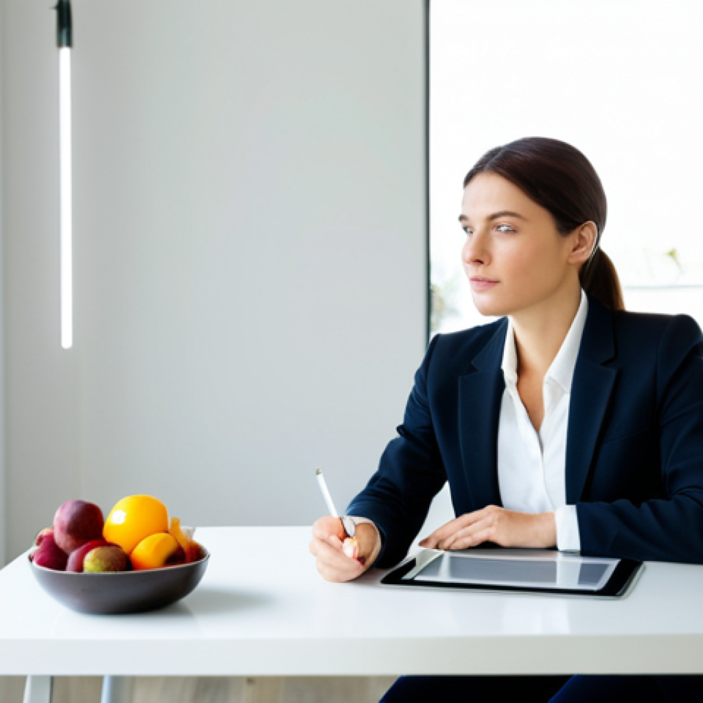 A professional female diet coach, fully clothed, in modest business attire, seated at a sleek, minimalist desk in a brightly lit modern consultation room. She is looking thoughtfully at a tablet displaying a professional nutritional graph or meal plan. A glass of water and a small, vibrant bowl of fresh fruit are discreetly placed on the desk. Professional photography, high resolution, soft natural light, perfect anatomy, correct proportions, natural pose, well-formed hands, proper finger count, natural body proportions, safe for work, appropriate content, fully clothed, professional.