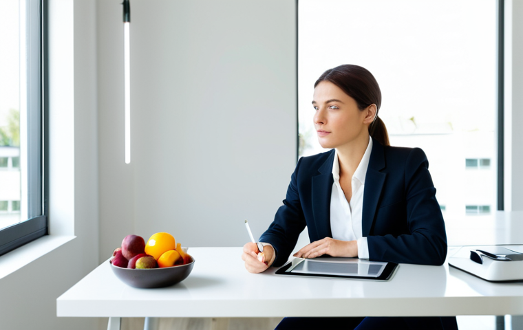 A professional female diet coach, fully clothed, in modest business attire, seated at a sleek, minimalist desk in a brightly lit modern consultation room. She is looking thoughtfully at a tablet displaying a professional nutritional graph or meal plan. A glass of water and a small, vibrant bowl of fresh fruit are discreetly placed on the desk. Professional photography, high resolution, soft natural light, perfect anatomy, correct proportions, natural pose, well-formed hands, proper finger count, natural body proportions, safe for work, appropriate content, fully clothed, professional.