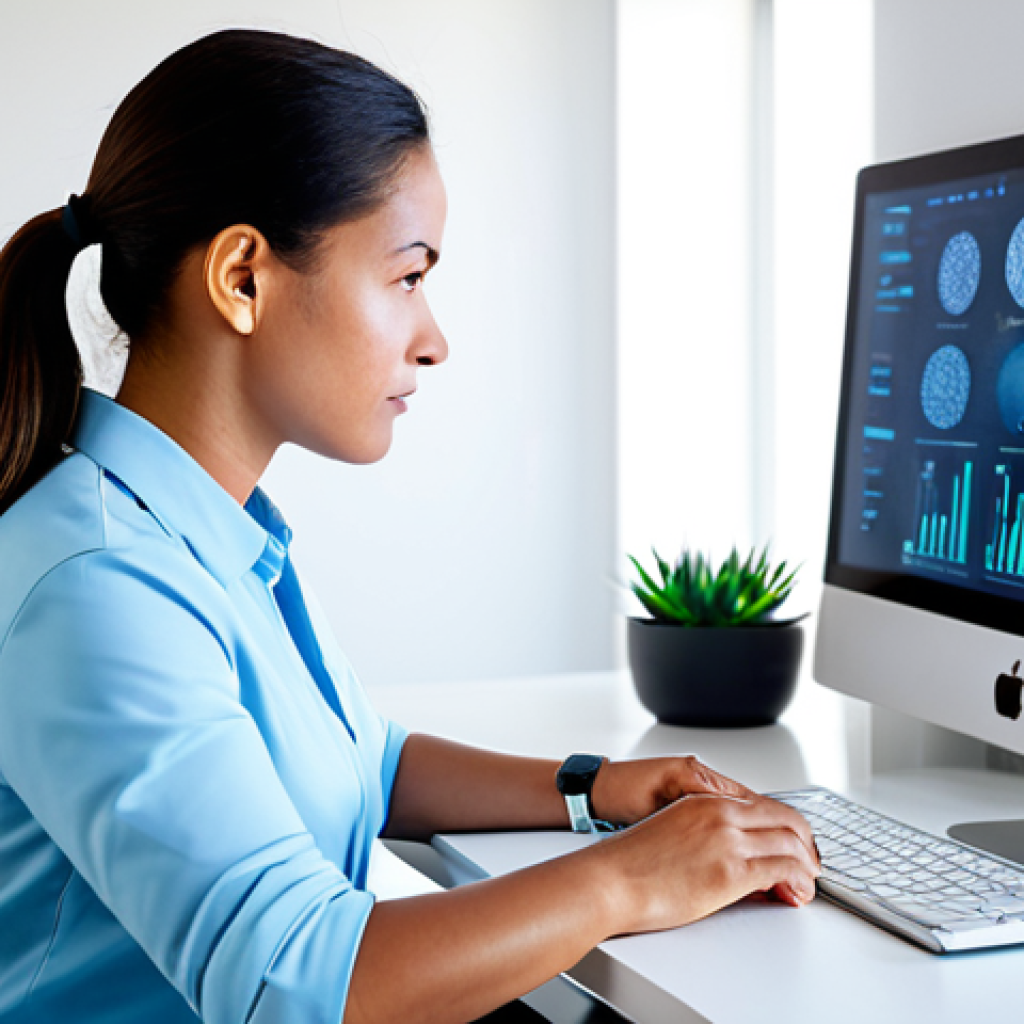 A professional female nutritionist in a modest business casual outfit, sitting at a clean desk in a modern, well-lit home office. She is looking towards a large monitor, which displays abstract, futuristic graphics representing DNA structures and gut microbiome data visualizations. Her hand rests near a smartwatch, symbolizing tech integration. The scene conveys personalized health coaching empowered by technology. The atmosphere is professional and innovative. safe for work, appropriate content, fully clothed, professional, perfect anatomy, correct proportions, natural pose, well-formed hands, proper finger count, natural body proportions, professional photography, high quality, clean focus.