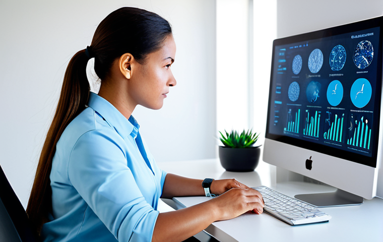 A professional female nutritionist in a modest business casual outfit, sitting at a clean desk in a modern, well-lit home office. She is looking towards a large monitor, which displays abstract, futuristic graphics representing DNA structures and gut microbiome data visualizations. Her hand rests near a smartwatch, symbolizing tech integration. The scene conveys personalized health coaching empowered by technology. The atmosphere is professional and innovative. safe for work, appropriate content, fully clothed, professional, perfect anatomy, correct proportions, natural pose, well-formed hands, proper finger count, natural body proportions, professional photography, high quality, clean focus.
