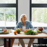 Home 22 다이어트 프로그램 지도사의 일상 업무 루틴 - A professional nutrition coach sitting at a modern kitchen table with a diverse group of clients, di...