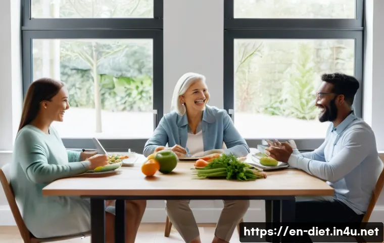 다이어트 프로그램 지도사의 일상 업무 루틴 - A professional nutrition coach sitting at a modern kitchen table with a diverse group of clients, di...